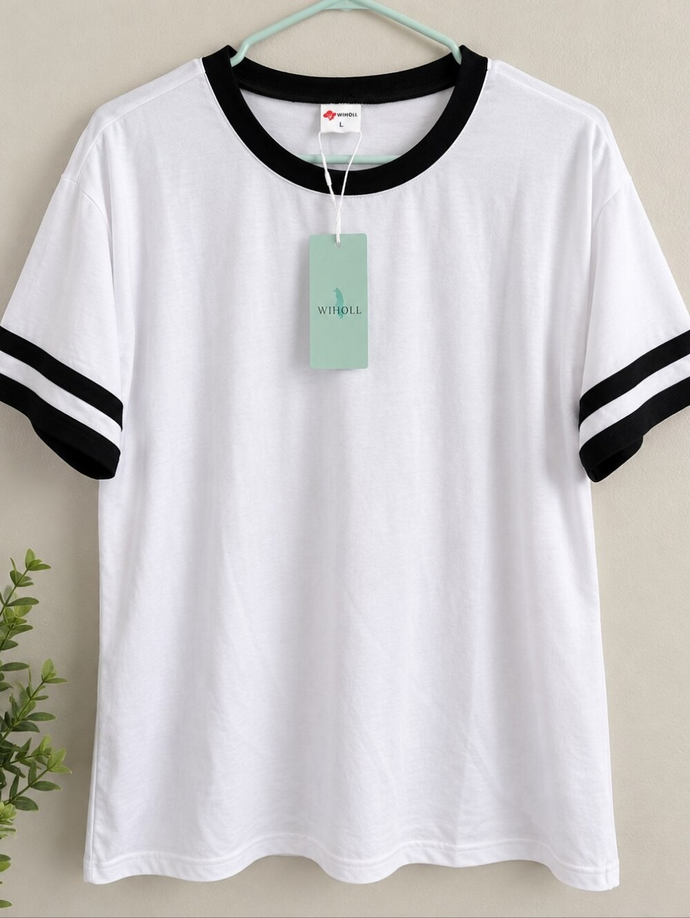 WIHOLL Women's White Black Ringer Tee Short Sleeve Size L NWT
